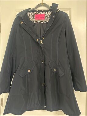 Betsey Johnson Navy Hooded Trench/Rain Coat with Leopard Trim